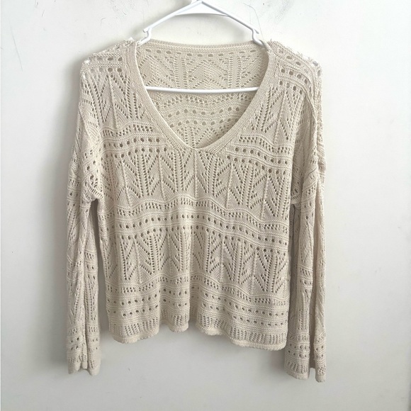 Womens Crochet Style Sweater Large Cottage Bell Sleeve Open Knit Hippie Dainty - Picture 2 of 5